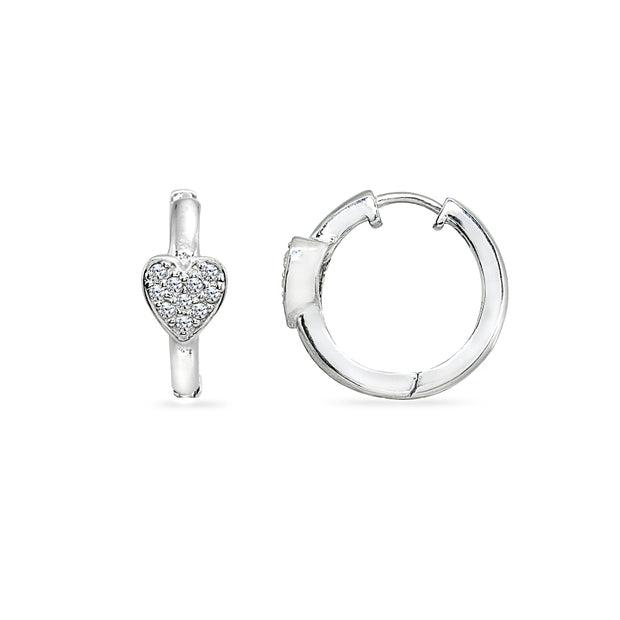 Sterling Silver Cubic Zirconia Pave Heart Small Huggie Hoop Earrings