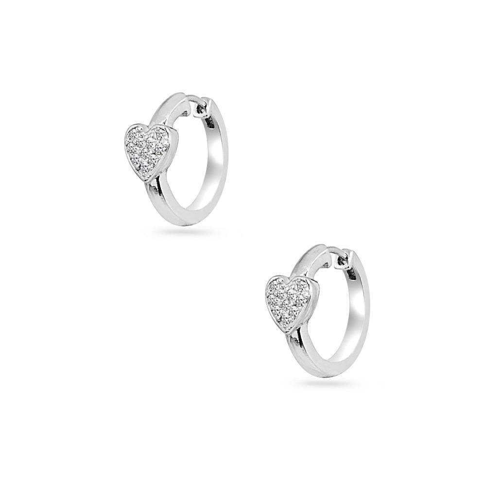 Sterling Silver Cubic Zirconia Pave Heart Small Huggie Hoop Earrings-3
