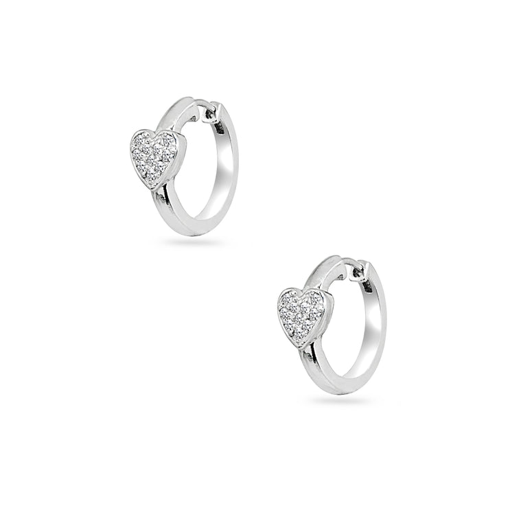 Sterling Silver Cubic Zirconia Pave Heart Small Huggie Hoop Earrings
