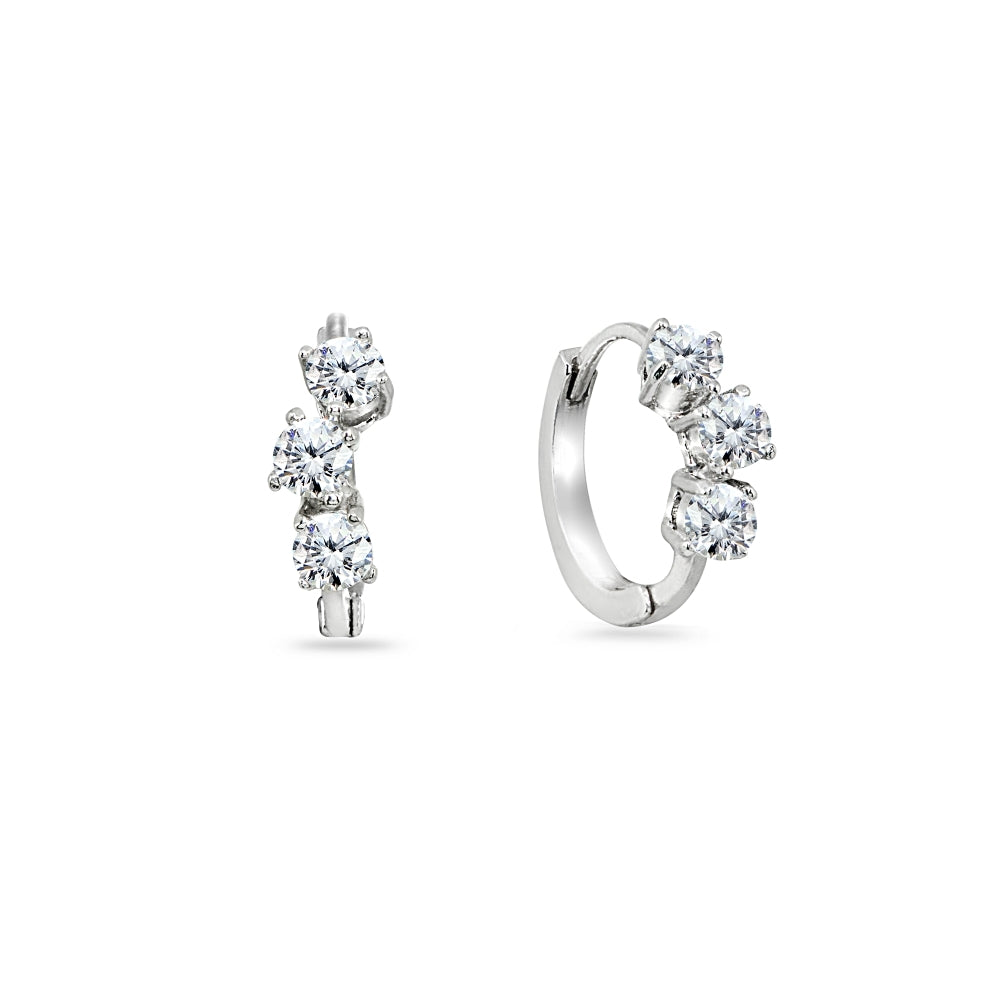 Sterling Silver Cubic Zirconia 3-Stone Prong-Set Small Huggie Hoop Earrings