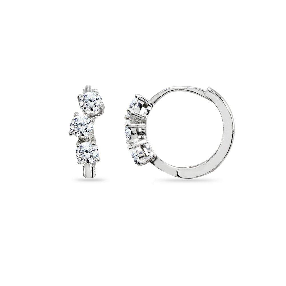 Sterling Silver Cubic Zirconia 3-Stone Prong-Set Small Huggie Hoop Earrings-2
