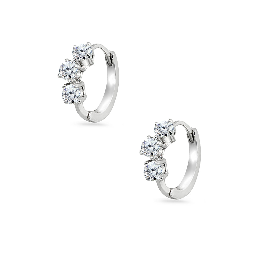 Sterling Silver Cubic Zirconia 3-Stone Prong-Set Small Huggie Hoop Earrings-3