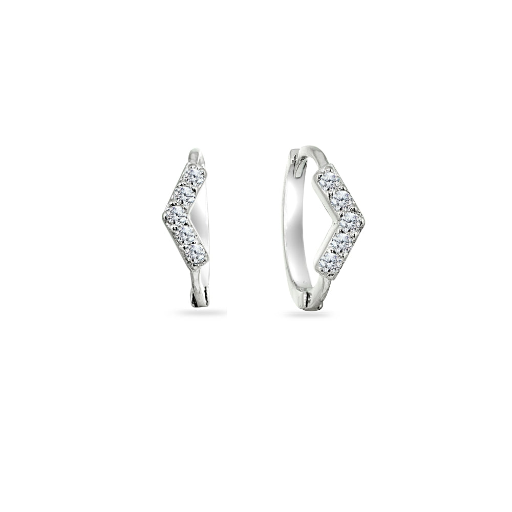 Sterling Silver Cubic Zirconia V Shape Small Huggie Hoop Earrings