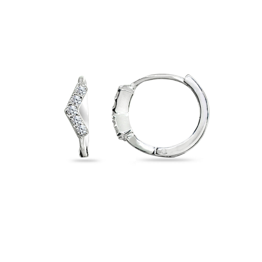 Sterling Silver Cubic Zirconia V Shape Small Huggie Hoop Earrings-2