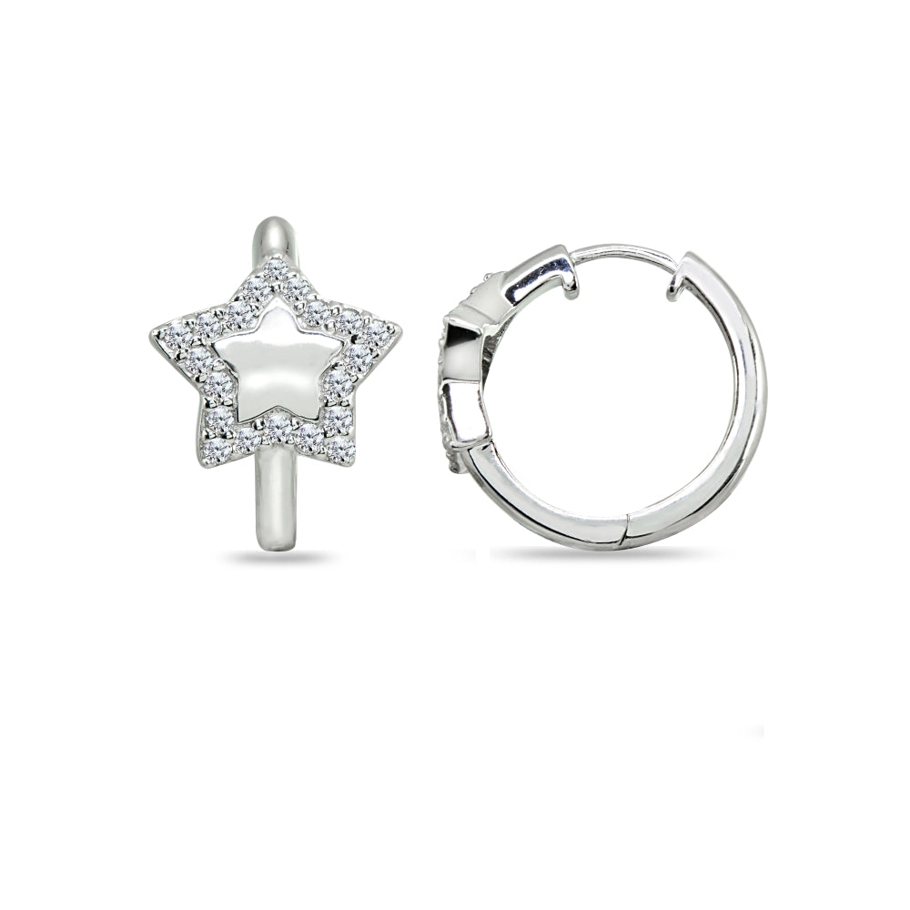 Sterling Silver Cubic Zirconia Star Small Huggie Hoop Earrings-2