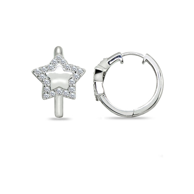 Sterling Silver Cubic Zirconia Star Small Huggie Hoop Earrings