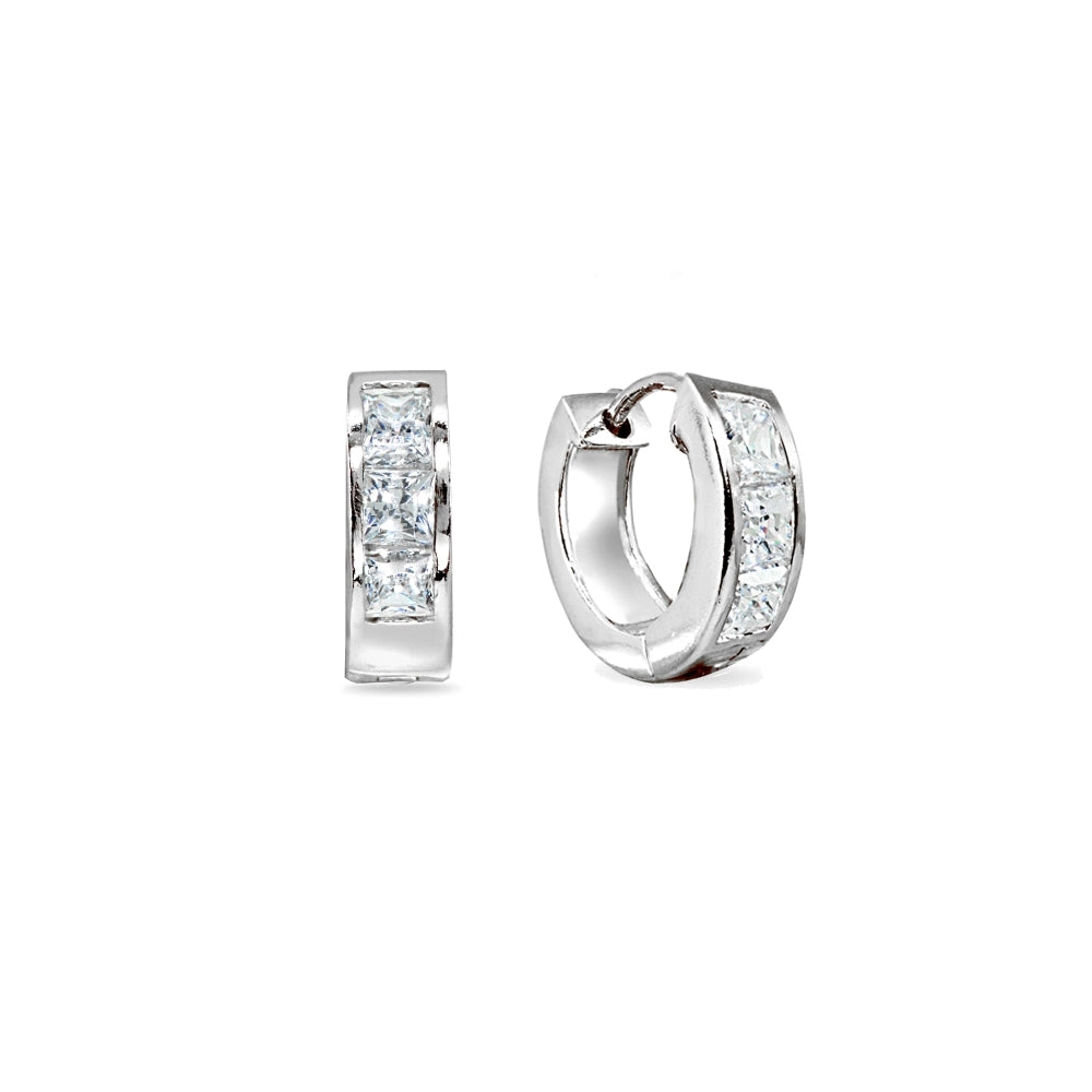Sterling Silver,  Swarovski Zirconia 5x15mm Princess-Cut  Oval Small Huggie Hoop Earrings