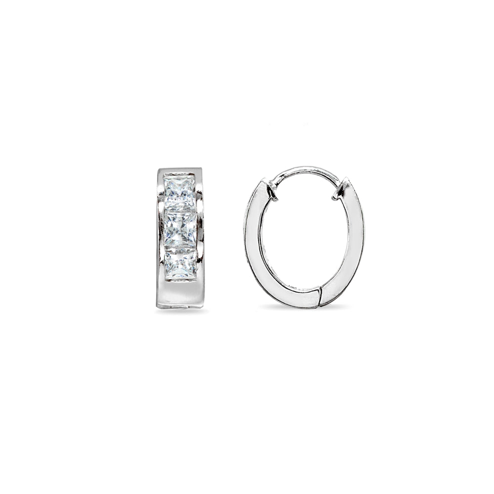 Sterling Silver,  Swarovski Zirconia 5x15mm Princess-Cut  Oval Small Huggie Hoop Earrings-2