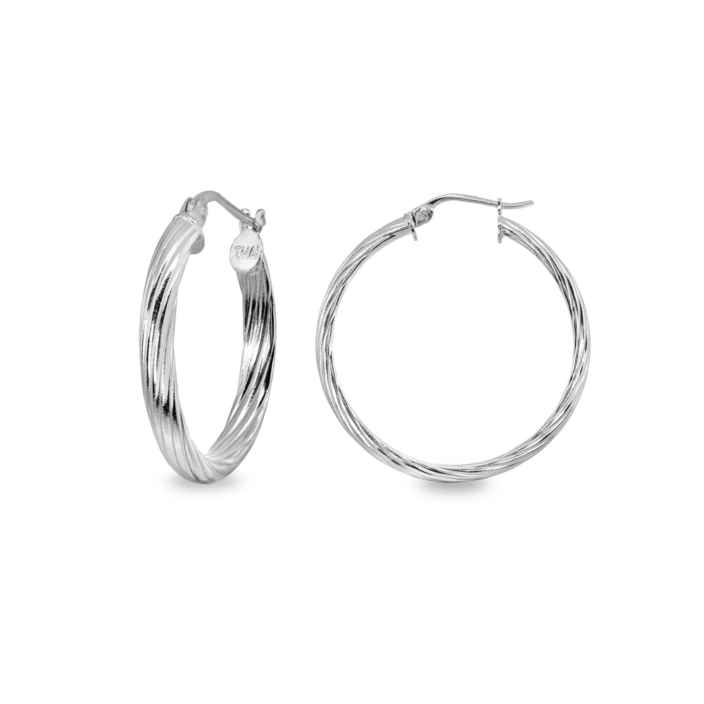 Sterling Silver Polished 3x25mm Twist Half Round Click-Top Small Hoop Earrings