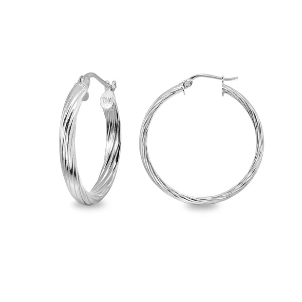 Sterling Silver Polished 3x30mm Twist Half Round Click-Top Medium Hoop Earrings