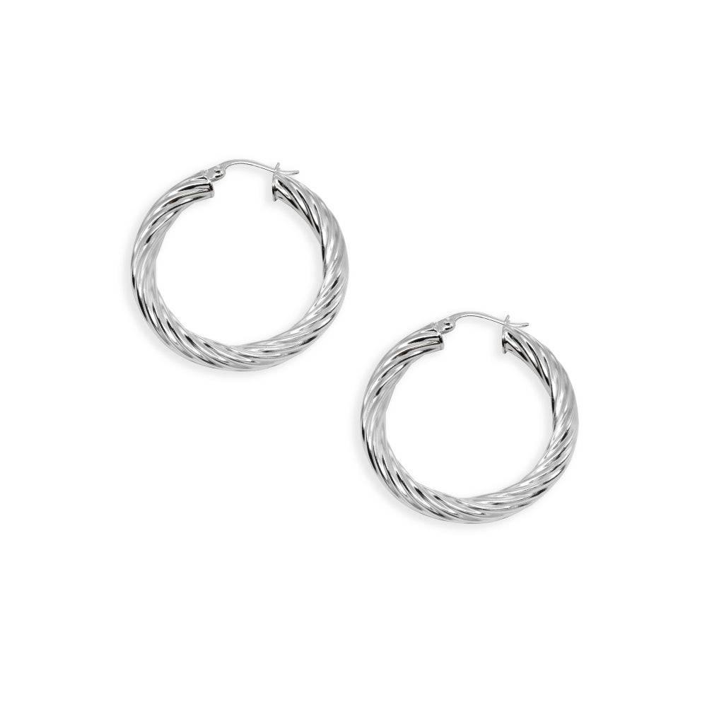 Sterling Silver Polished 4x30mm Twist Round Click-Top Medium Hoop Earrings-2