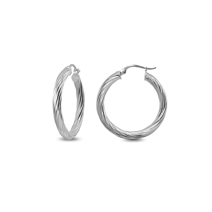 Sterling Silver Polished 3x25mm Twist Round Click-Top Small Hoop Earrings