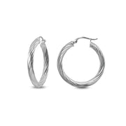 Sterling Silver Polished 3x30mm Twist Round Click-Top Medium Hoop Earrings