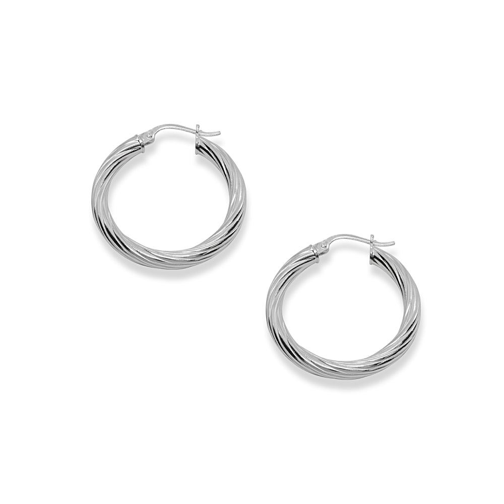 Sterling Silver Polished 3x30mm Twist Round Click-Top Medium Hoop Earrings-2