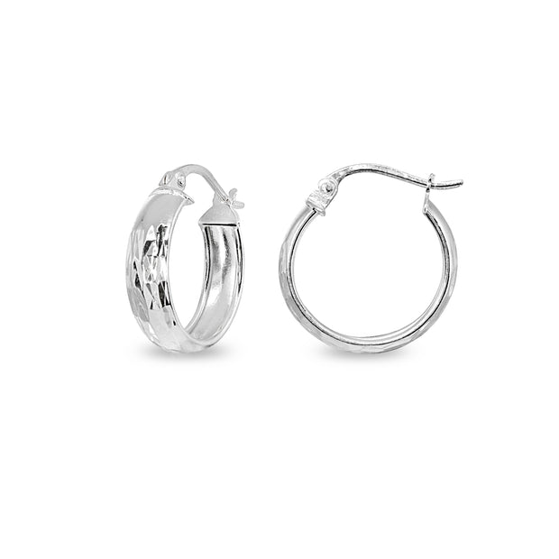 Sterling Silver 4x15mm Diamond-Cut Round Click-Top Small Hoop Earrings