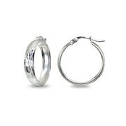 Sterling Silver 4x20mm Diamond-Cut Round Click-Top Small Hoop Earrings