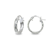 Sterling Silver 3x15mm Diamond-Cut Round Click-Top Small Hoop Earrings