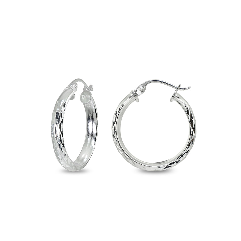 Sterling Silver 3x20mm Diamond-Cut Round Dainty Click-Top Small Hoop Earrings