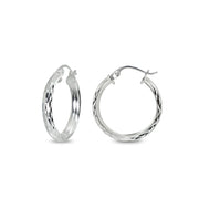 Sterling Silver 3x20mm Diamond-Cut Round Dainty Click-Top Small Hoop Earrings