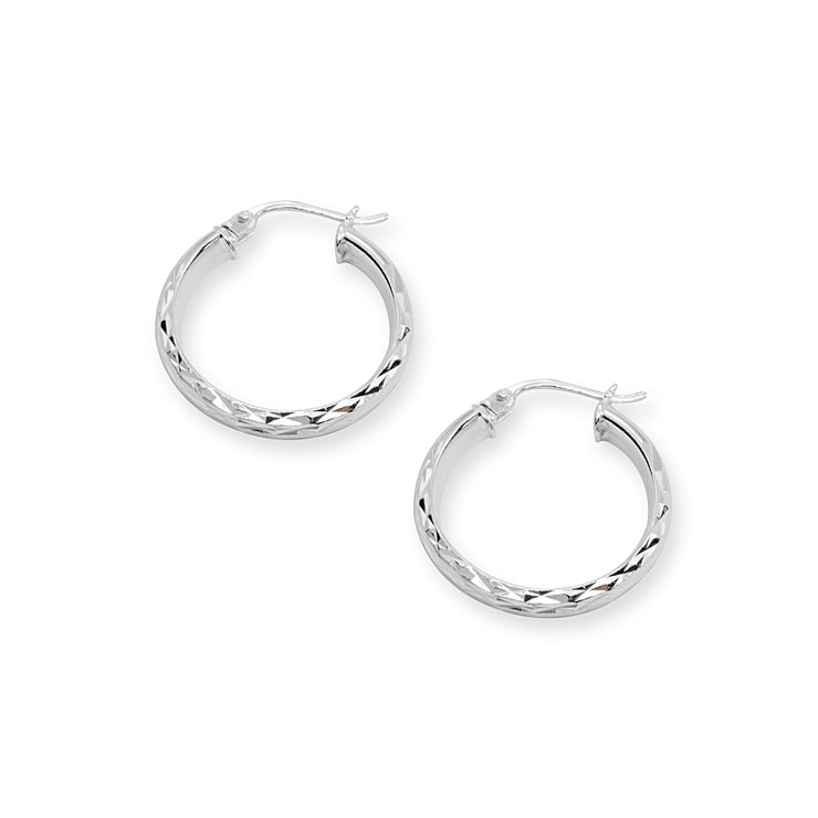 Sterling Silver 3x20mm Diamond-Cut Round Dainty Click-Top Small Hoop Earrings