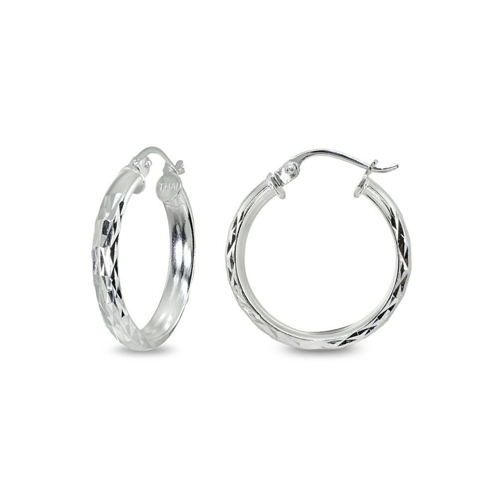 Sterling Silver 3x25mm Diamond-Cut Round Dainty Click-Top Small Hoop Earrings