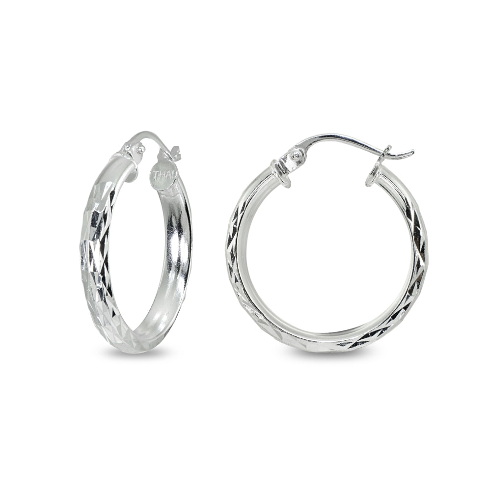 Sterling Silver 3x30mm Diamond-Cut Round Dainty Click-Top Small Hoop Earrings