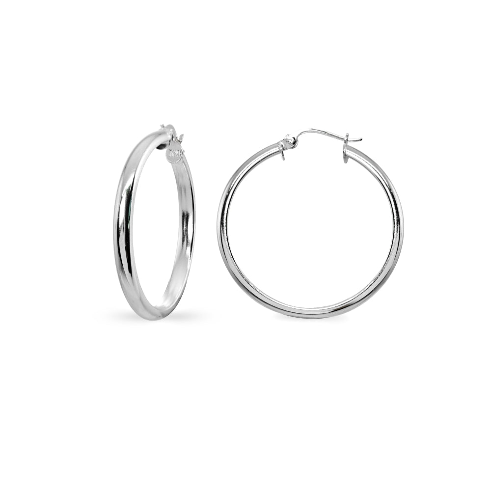 Sterling Silver Polished 3x30mm Half Round Click-Top Medium Hoop Earrings