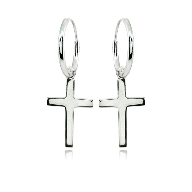 Sterling Silver Polished Cross Religious Dainty Endless Small Hoop Earrings