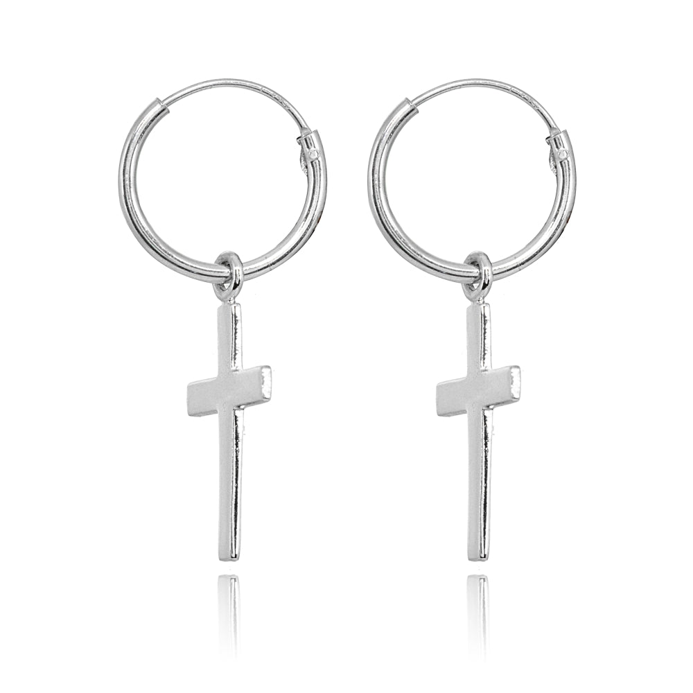 Sterling Silver Polished Cross Religious Dainty Endless Small Hoop Earrings-2