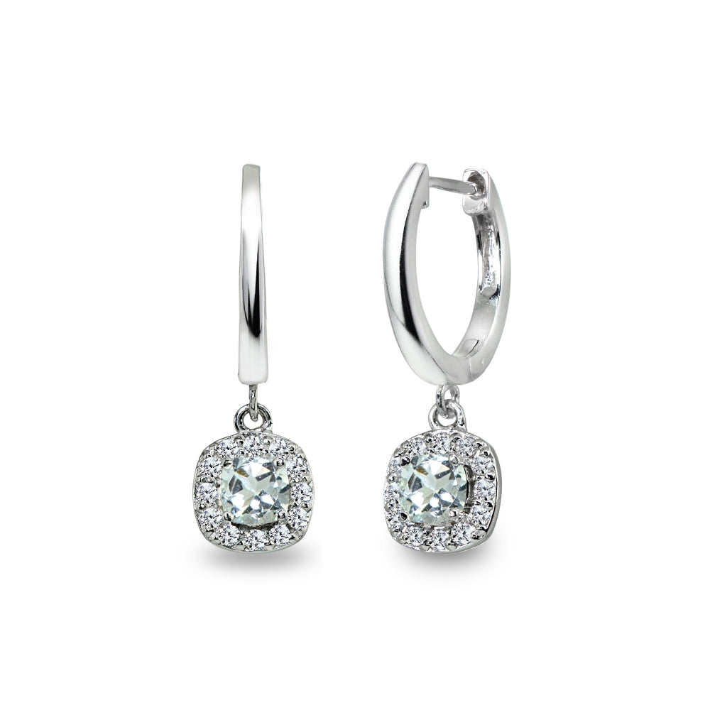 Sterling Silver Light Aquamarine & Cubic Zirconia Cushion-Cut Halo Small Dangle Huggie Hoop Earrings