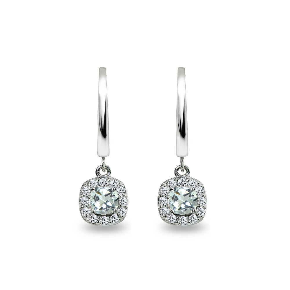 Sterling Silver Light Aquamarine & Cubic Zirconia Cushion-Cut Halo Small Dangle Huggie Hoop Earrings-3