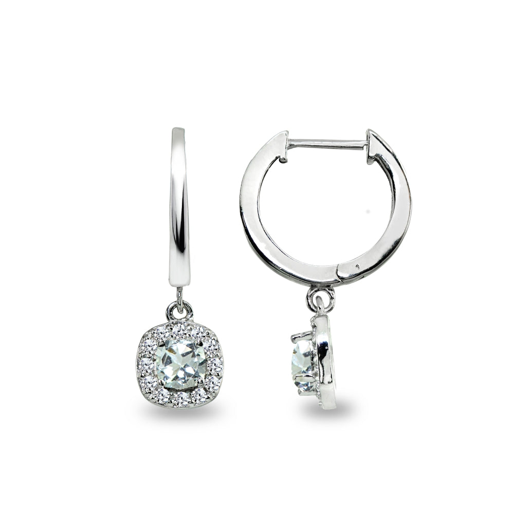 Sterling Silver Light Aquamarine & Cubic Zirconia Cushion-Cut Halo Small Dangle Huggie Hoop Earrings-4