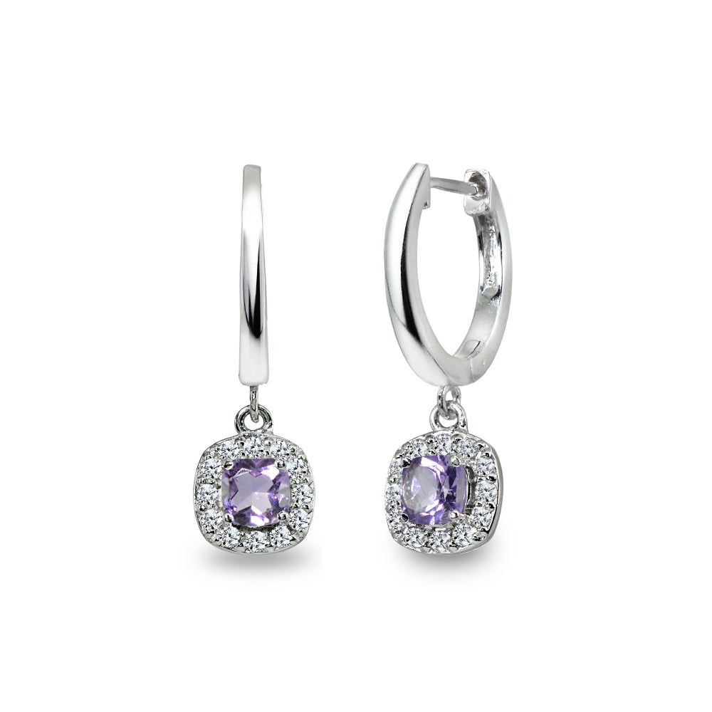 Sterling Silver Amethyst & Cubic Zirconia Cushion-Cut Halo Small Dangle Huggie Hoop Earrings