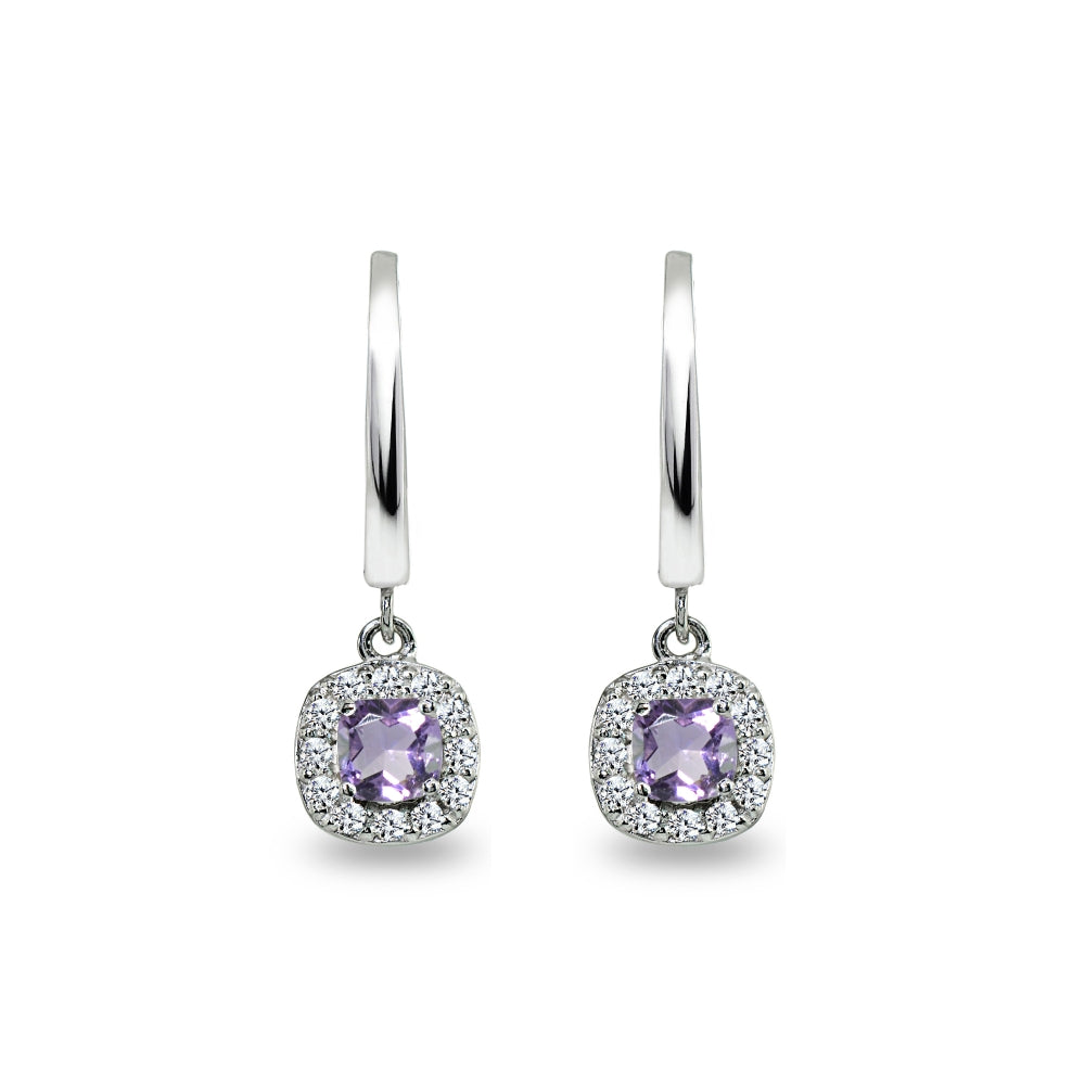 Sterling Silver Amethyst & Cubic Zirconia Cushion-Cut Halo Small Dangle Huggie Hoop Earrings-3