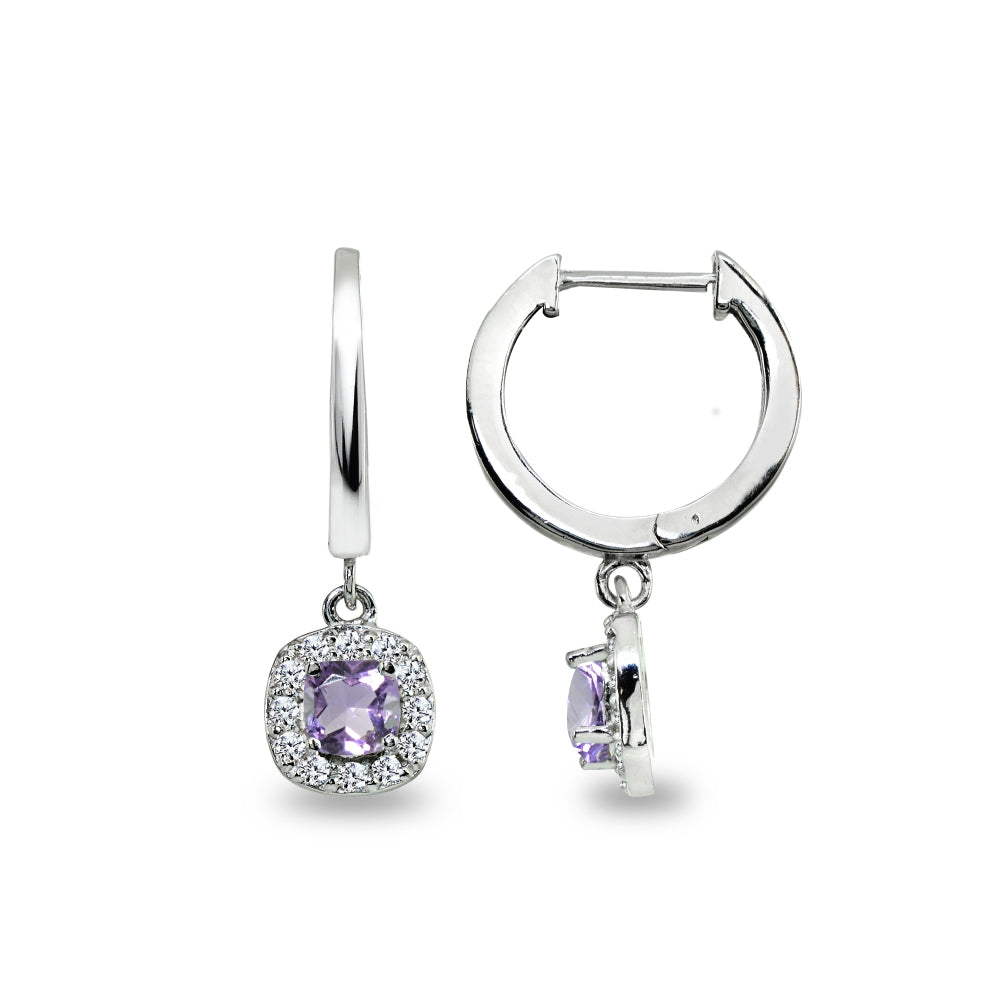 Sterling Silver Amethyst & Cubic Zirconia Cushion-Cut Halo Small Dangle Huggie Hoop Earrings-4