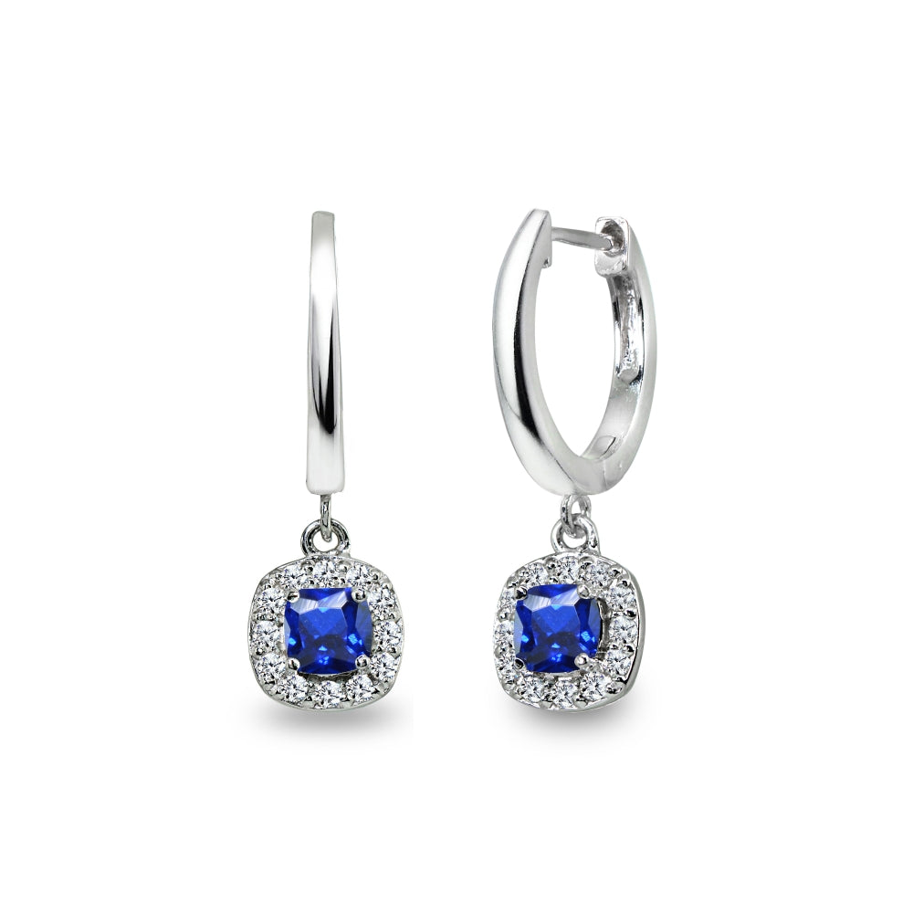 Sterling Silver Synthetic Blue Spinel & Cubic Zirconia Cushion-Cut Halo Small Dangle Huggie Hoop Earrings