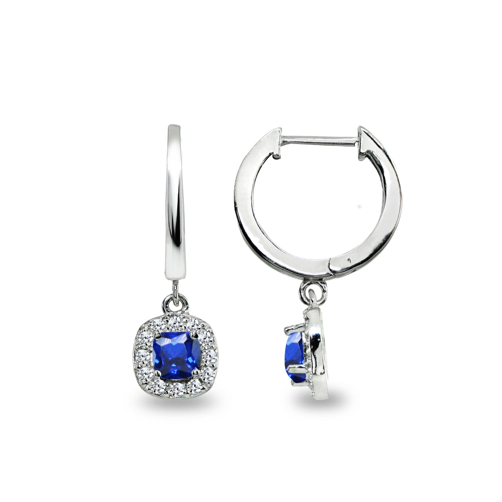 Sterling Silver Synthetic Blue Spinel & Cubic Zirconia Cushion-Cut Halo Small Dangle Huggie Hoop Earrings-4