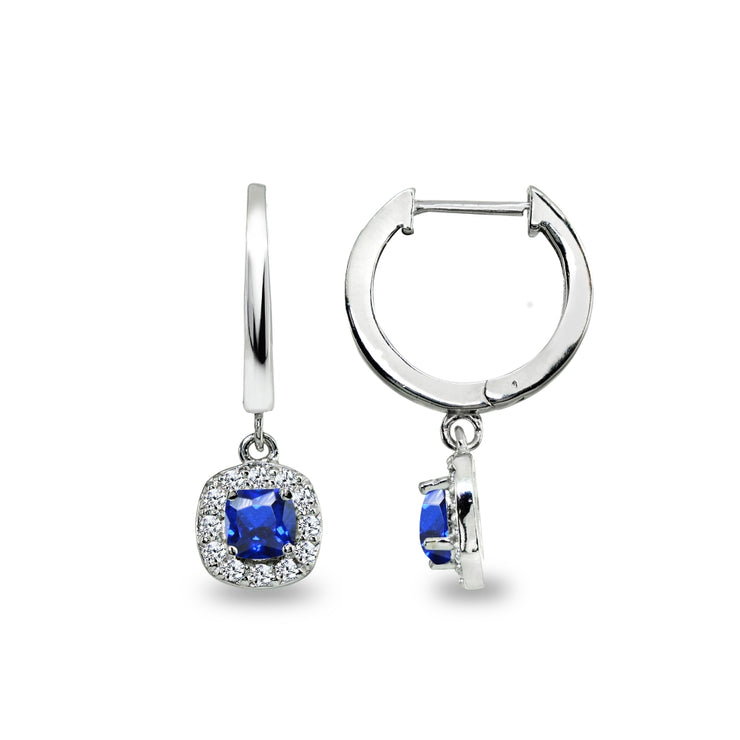 Sterling Silver Synthetic Blue Spinel & Cubic Zirconia Cushion-Cut Halo Small Dangle Huggie Hoop Earrings