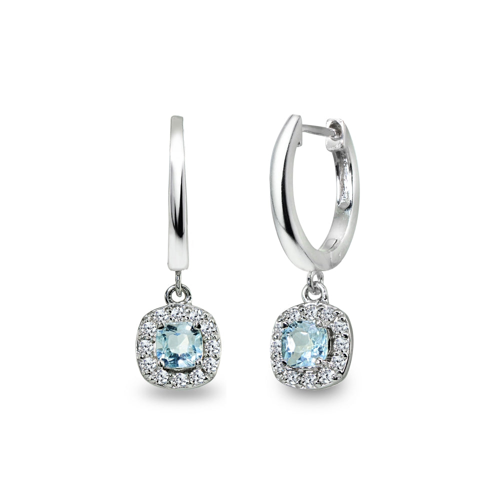 Sterling Silver Blue Topaz & Cubic Zirconia Cushion-Cut Halo Small Dangle Huggie Hoop Earrings