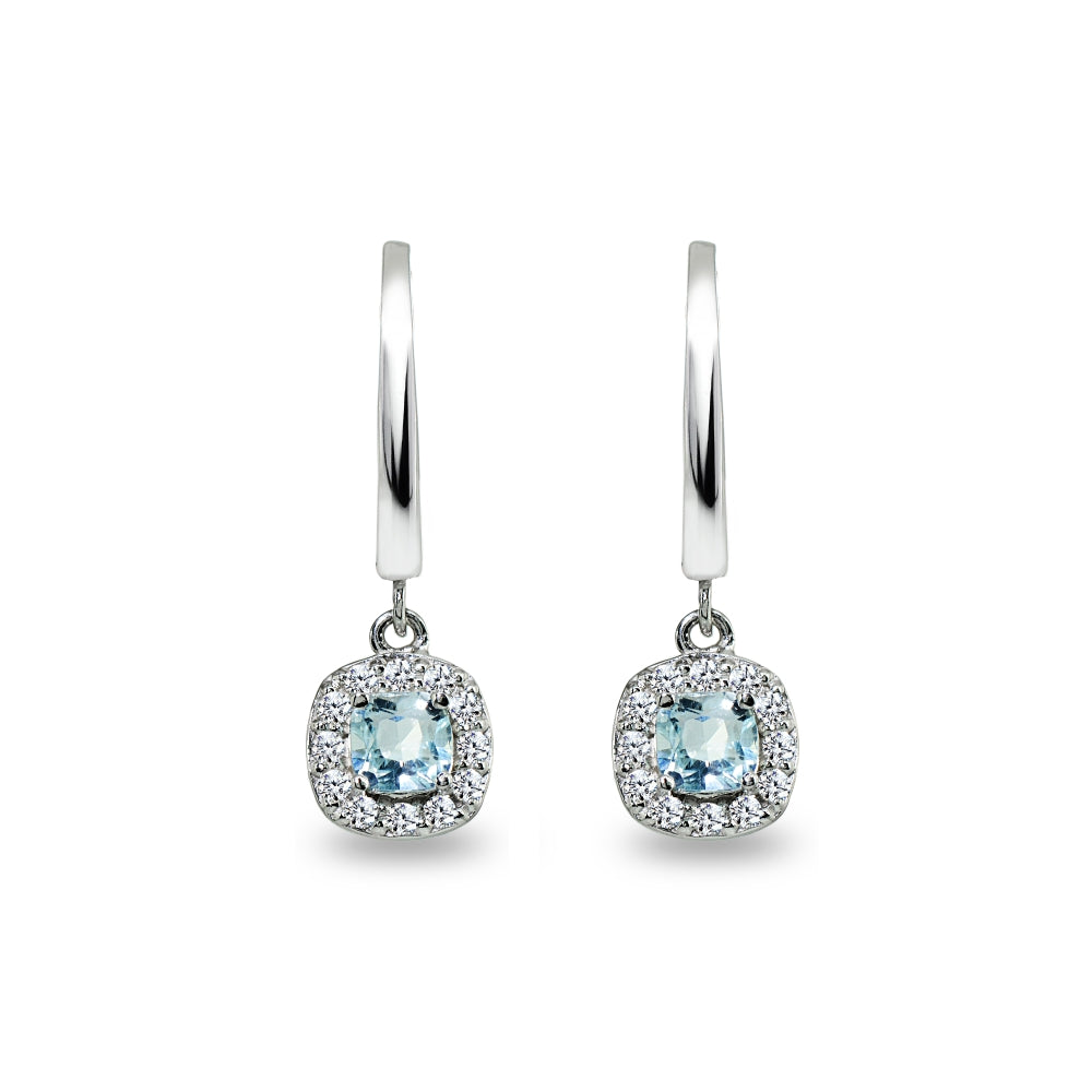 Sterling Silver Blue Topaz & Cubic Zirconia Cushion-Cut Halo Small Dangle Huggie Hoop Earrings-3