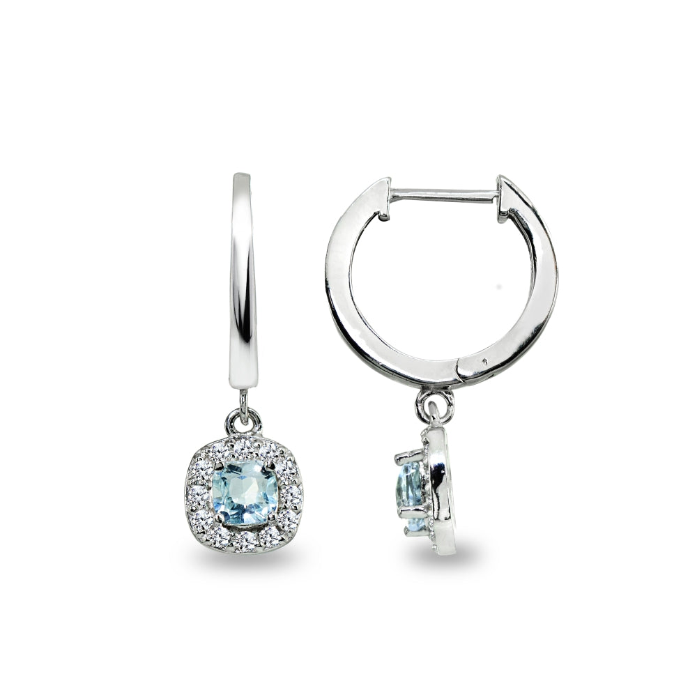 Sterling Silver Blue Topaz & Cubic Zirconia Cushion-Cut Halo Small Dangle Huggie Hoop Earrings-4