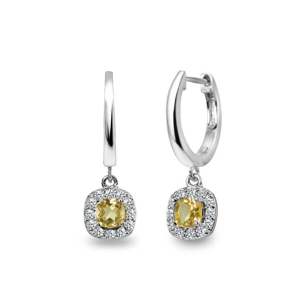 Sterling Silver Citrine & Cubic Zirconia Cushion-Cut Halo Small Dangle Huggie Hoop Earrings