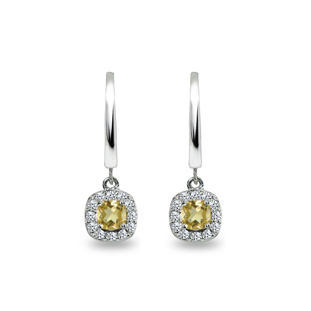 Sterling Silver Citrine & Cubic Zirconia Cushion-Cut Halo Small Dangle Huggie Hoop Earrings-3