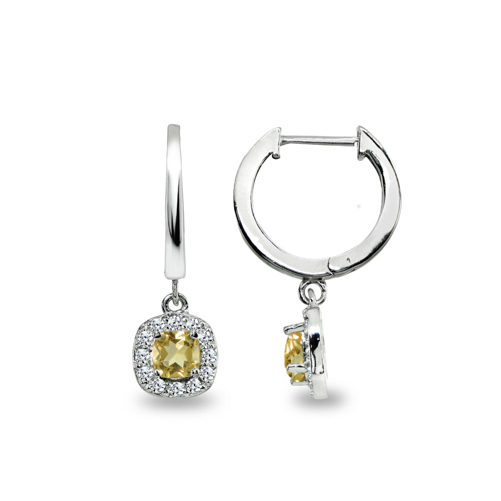 Sterling Silver Citrine & Cubic Zirconia Cushion-Cut Halo Small Dangle Huggie Hoop Earrings-4