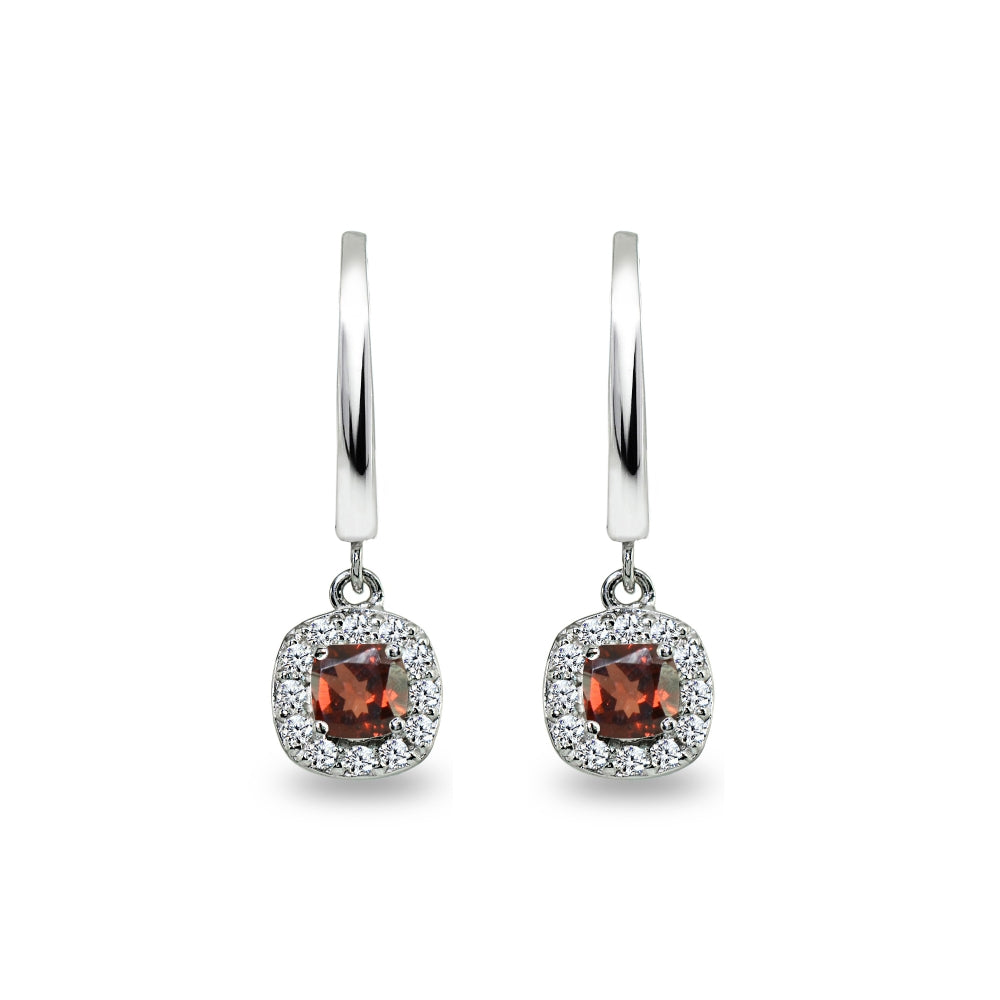 Sterling Silver Garnet & Cubic Zirconia Cushion-Cut Halo Small Dangle Huggie Hoop Earrings-3