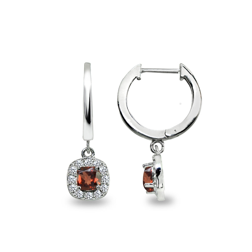 Sterling Silver Garnet & Cubic Zirconia Cushion-Cut Halo Small Dangle Huggie Hoop Earrings-4