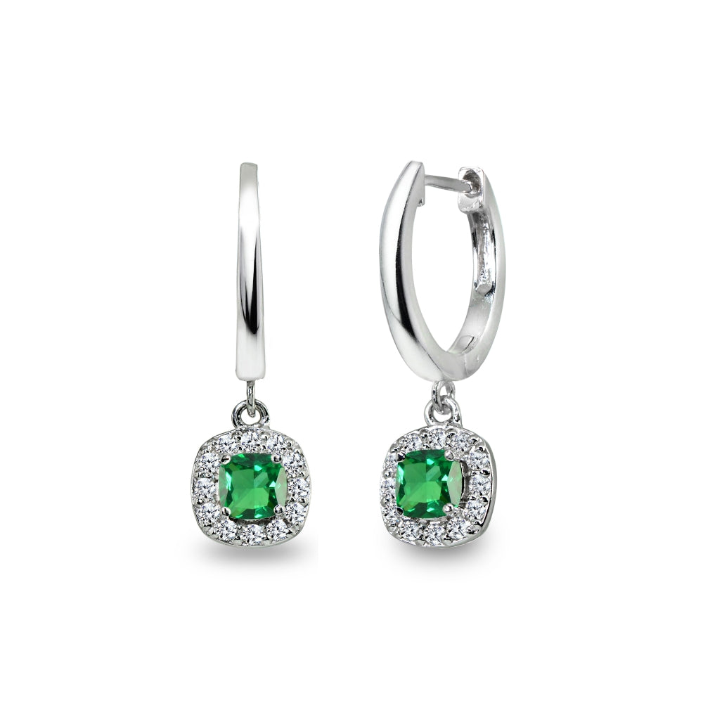 Sterling Silver Synthetic Green Quartz & Cubic Zirconia Cushion-Cut Halo Small Dangle Huggie Hoop Earrings