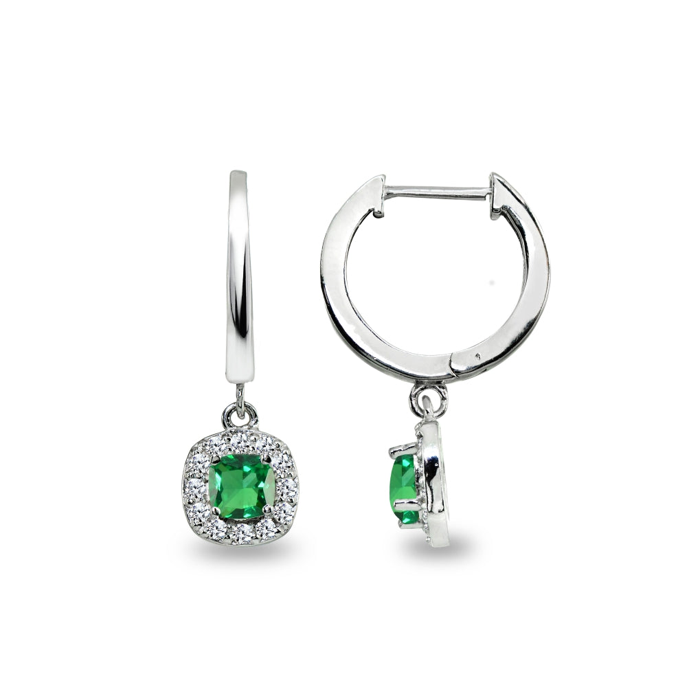 Sterling Silver Synthetic Green Quartz & Cubic Zirconia Cushion-Cut Halo Small Dangle Huggie Hoop Earrings-4