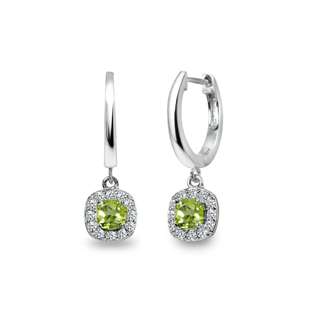 Sterling Silver Peridot & Cubic Zirconia Cushion-Cut Halo Small Dangle Huggie Hoop Earrings