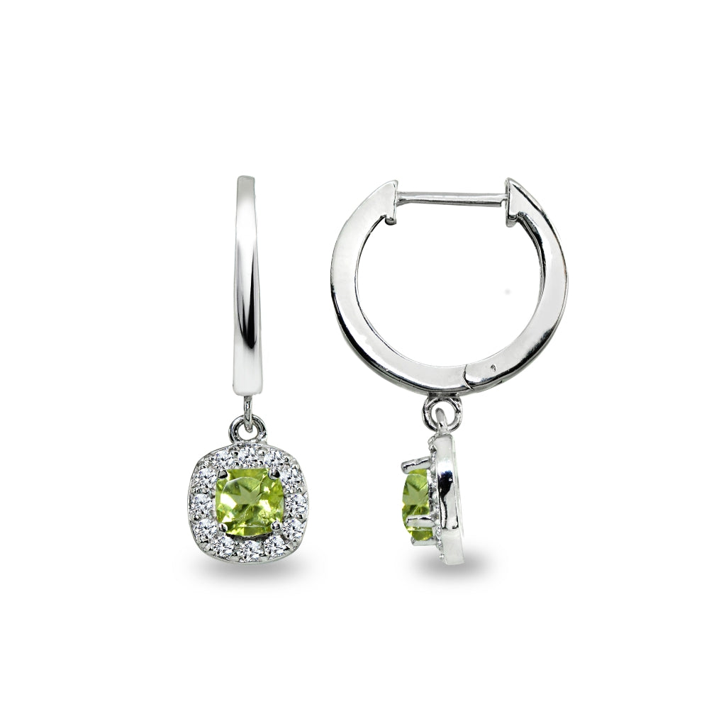 Sterling Silver Peridot & Cubic Zirconia Cushion-Cut Halo Small Dangle Huggie Hoop Earrings-4